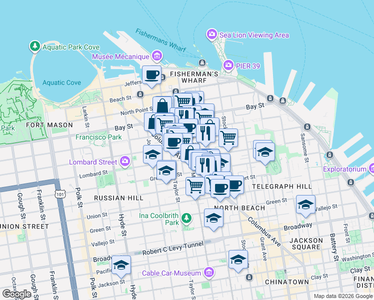map of restaurants, bars, coffee shops, grocery stores, and more near 726 Lombard Street in San Francisco