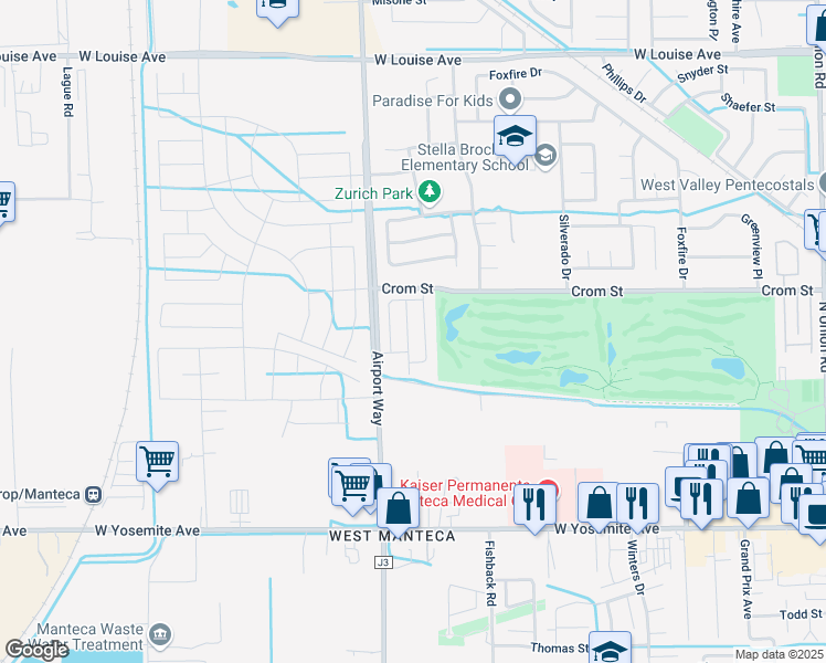 map of restaurants, bars, coffee shops, grocery stores, and more near 472 Airport Way in Manteca