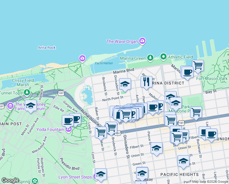 map of restaurants, bars, coffee shops, grocery stores, and more near 3617 Divisadero Street in San Francisco