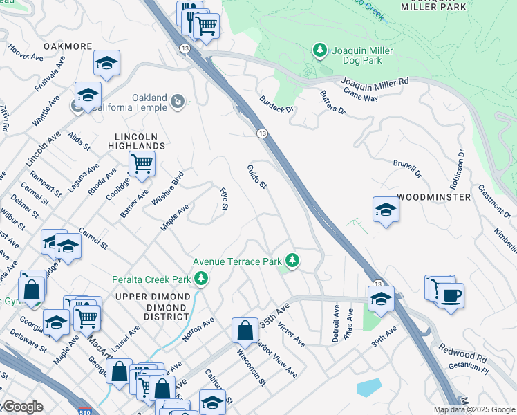 map of restaurants, bars, coffee shops, grocery stores, and more near 3176 Jordan Road in Oakland