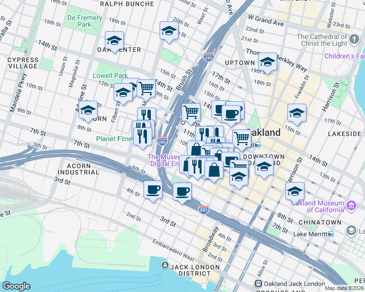 map of restaurants, bars, coffee shops, grocery stores, and more near in Oakland