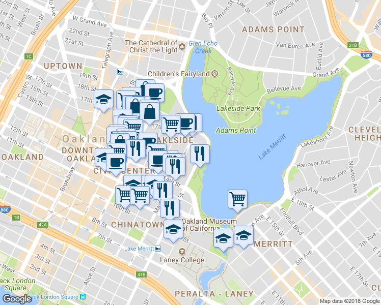 map of restaurants, bars, coffee shops, grocery stores, and more near 1558 Madison Street in Oakland