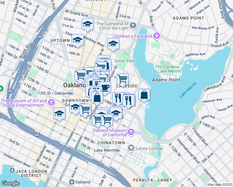 map of restaurants, bars, coffee shops, grocery stores, and more near 1505 Jackson Street in Oakland