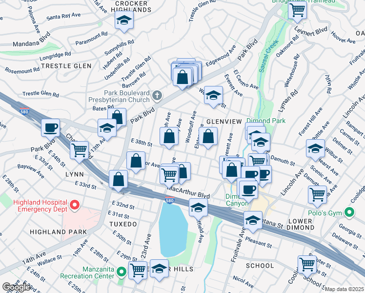 map of restaurants, bars, coffee shops, grocery stores, and more near 3817 Woodruff Avenue in Oakland