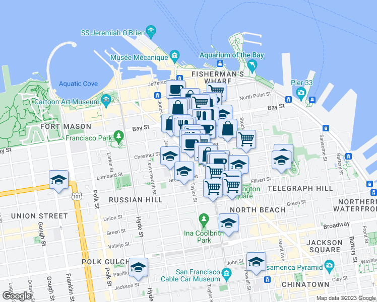 map of restaurants, bars, coffee shops, grocery stores, and more near Columbus Avenue & Taylor Street in San Francisco
