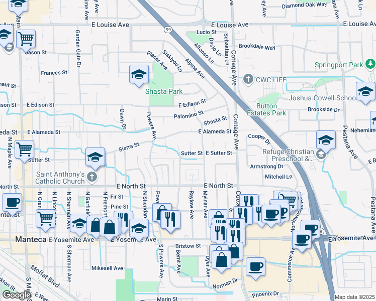 map of restaurants, bars, coffee shops, grocery stores, and more near 405 Ashwood Court in Manteca