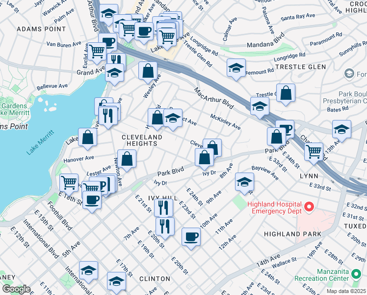 map of restaurants, bars, coffee shops, grocery stores, and more near 524 Montclair Avenue in Oakland