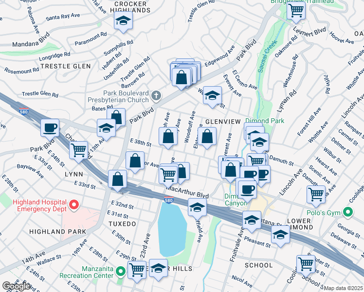 map of restaurants, bars, coffee shops, grocery stores, and more near 3817 Woodruff Avenue in Oakland