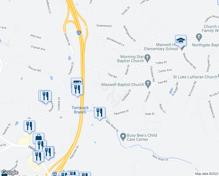 map of restaurants, bars, coffee shops, grocery stores, and more near 605 Sapphire Lane in Beckley