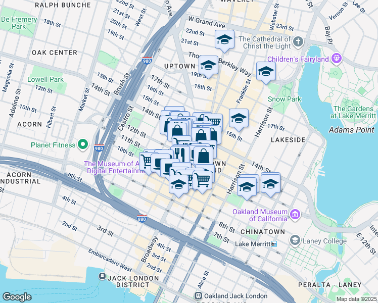 map of restaurants, bars, coffee shops, grocery stores, and more near 1221 Broadway in Oakland
