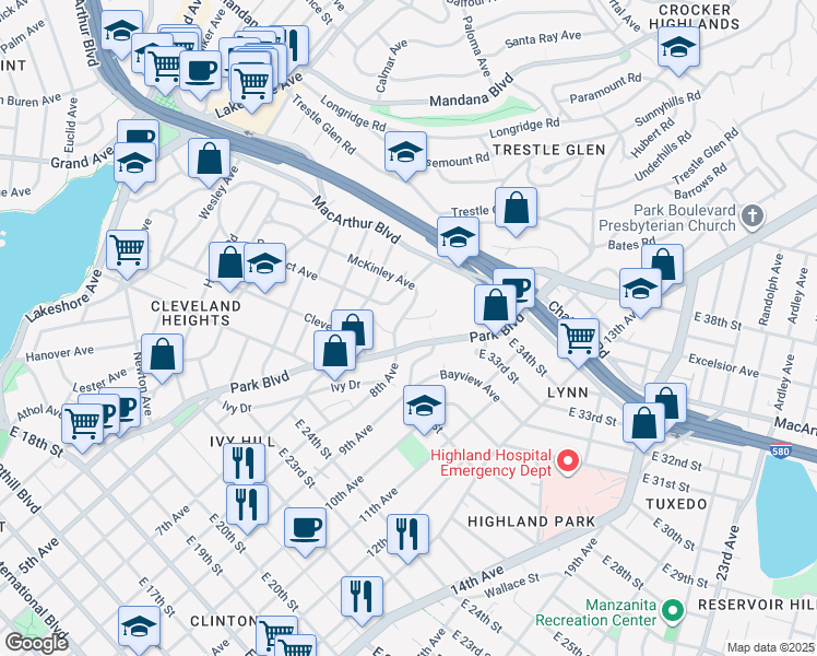map of restaurants, bars, coffee shops, grocery stores, and more near 2982 Park Boulevard in Oakland
