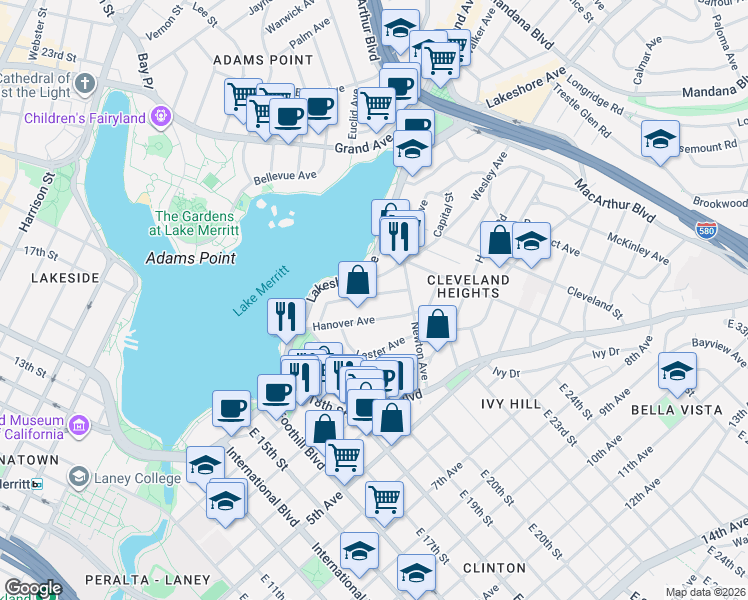 map of restaurants, bars, coffee shops, grocery stores, and more near 357 Hanover Avenue in Oakland