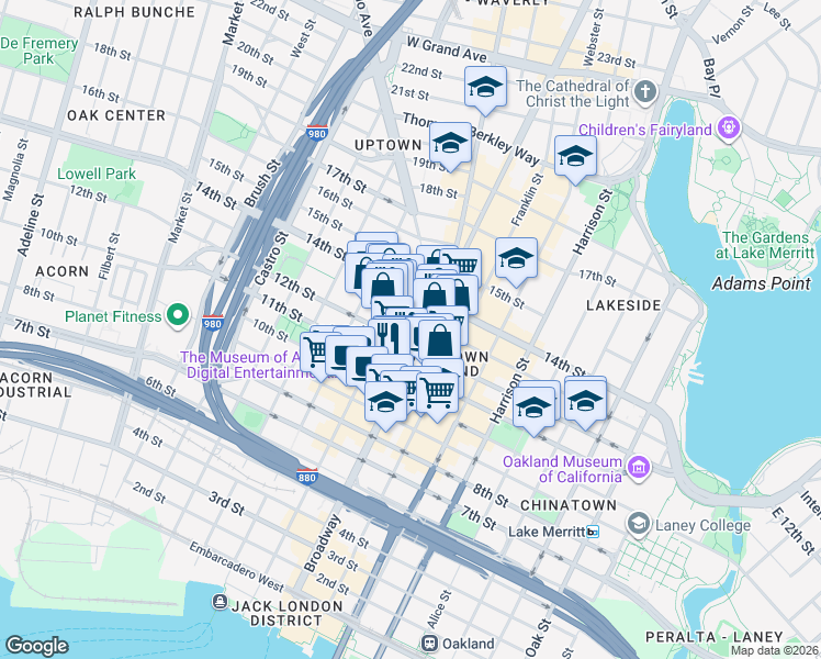 map of restaurants, bars, coffee shops, grocery stores, and more near in Oakland
