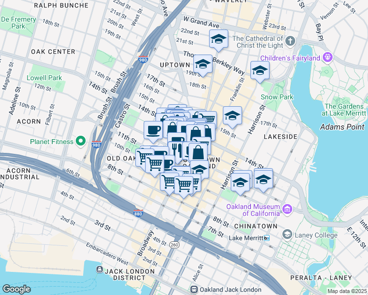 map of restaurants, bars, coffee shops, grocery stores, and more near in Oakland