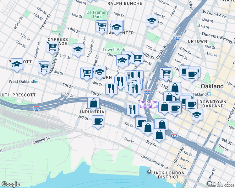 map of restaurants, bars, coffee shops, grocery stores, and more near 985 7th Street in Oakland