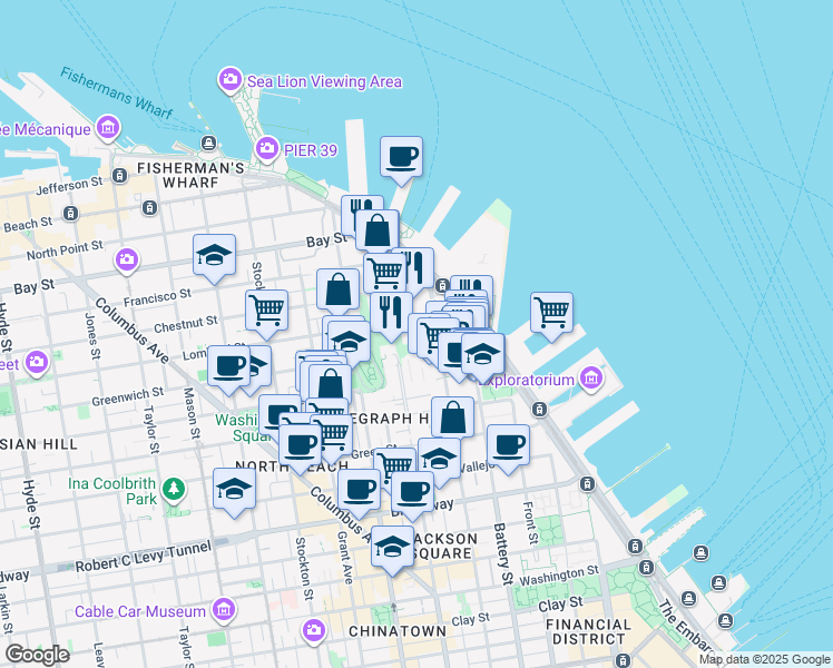 map of restaurants, bars, coffee shops, grocery stores, and more near 287 Greenwich Street in San Francisco