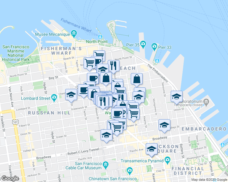 map of restaurants, bars, coffee shops, grocery stores, and more near 636 Greenwich Street in San Francisco