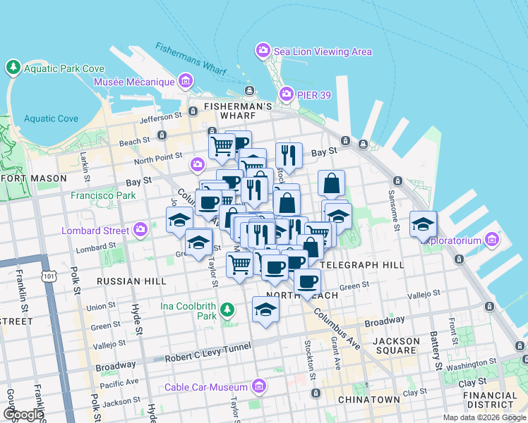 map of restaurants, bars, coffee shops, grocery stores, and more near 636 Greenwich Street in San Francisco