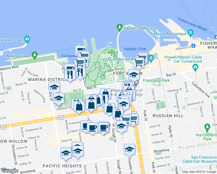 map of restaurants, bars, coffee shops, grocery stores, and more near 3219 Gough Street in San Francisco