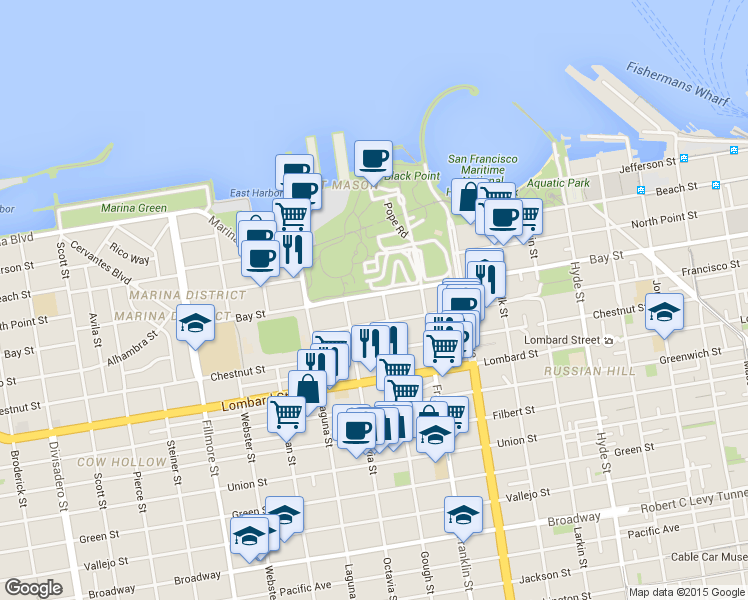 map of restaurants, bars, coffee shops, grocery stores, and more near 3219 Gough Street in San Francisco