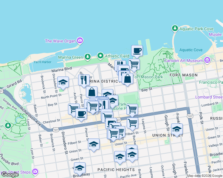 map of restaurants, bars, coffee shops, grocery stores, and more near in San Francisco