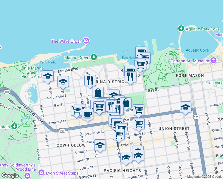 map of restaurants, bars, coffee shops, grocery stores, and more near in San Francisco