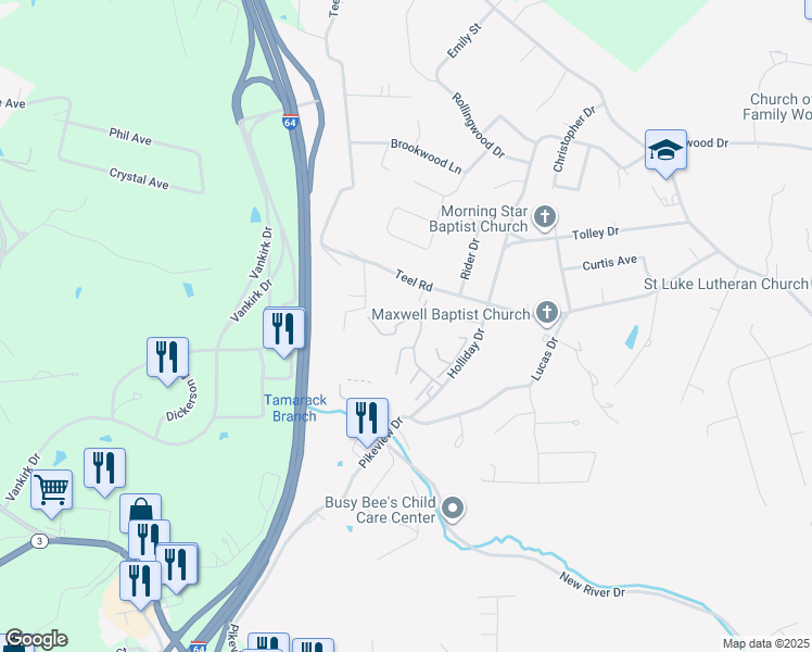 map of restaurants, bars, coffee shops, grocery stores, and more near 607 Sapphire Lane in Beckley