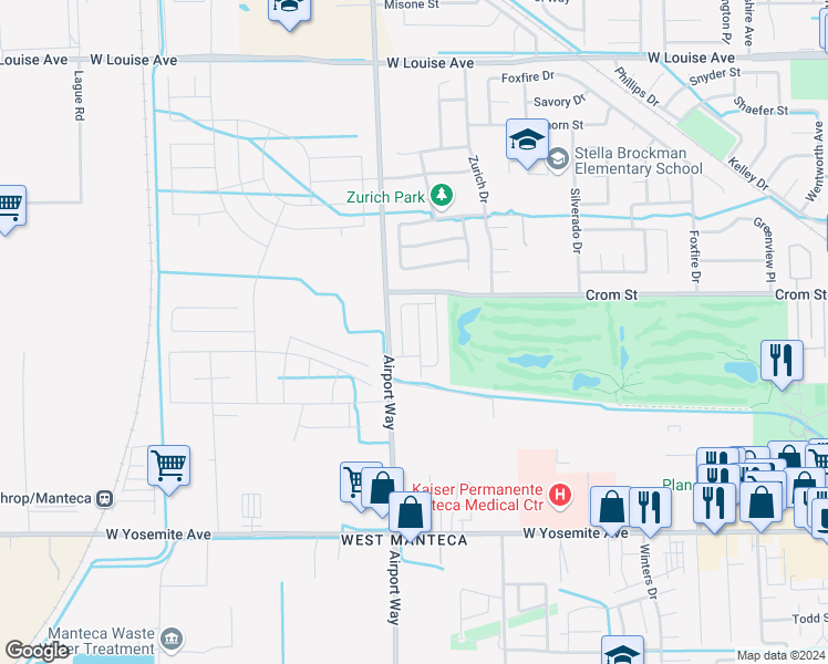 map of restaurants, bars, coffee shops, grocery stores, and more near 451 Half Dome Drive in Manteca