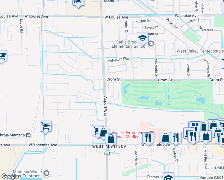 map of restaurants, bars, coffee shops, grocery stores, and more near 451 Half Dome Drive in Manteca