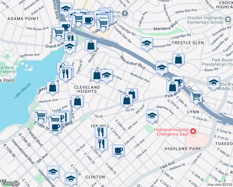 map of restaurants, bars, coffee shops, grocery stores, and more near 535 Zorah Street in Oakland