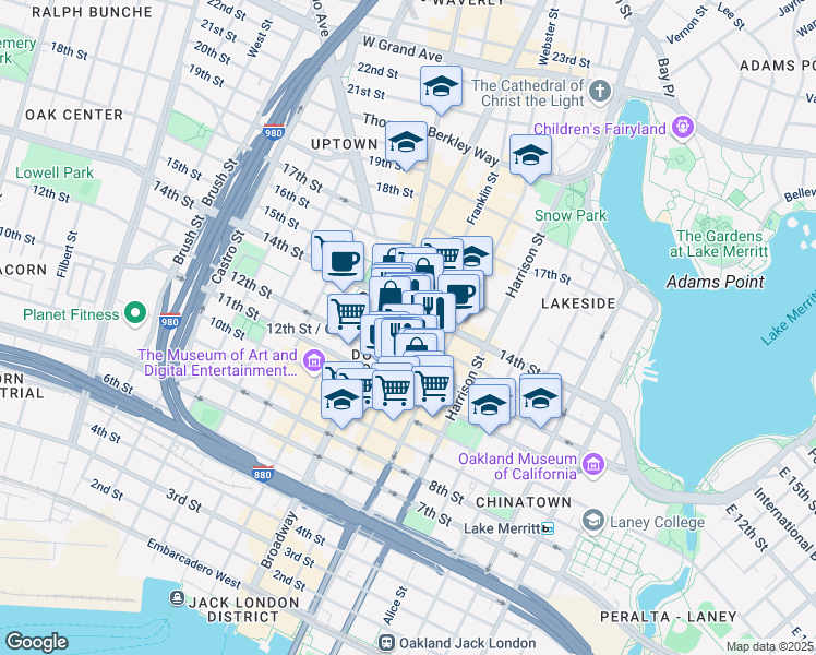 map of restaurants, bars, coffee shops, grocery stores, and more near in Oakland