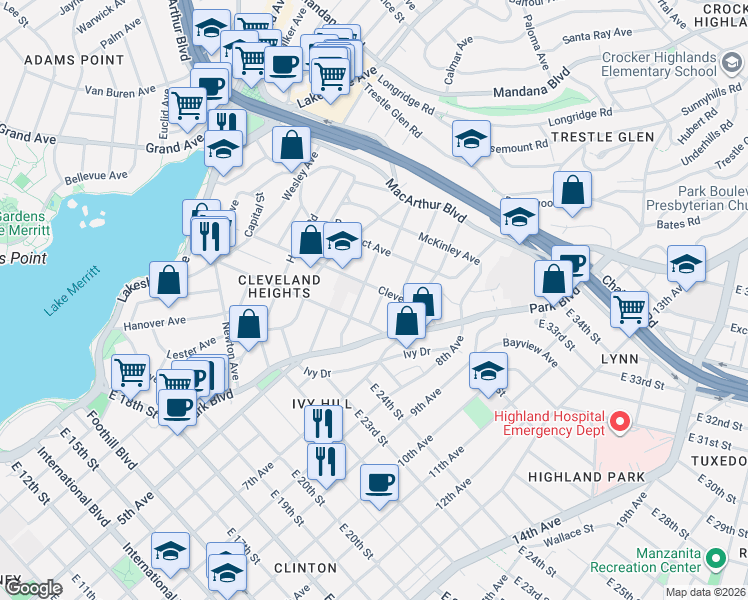map of restaurants, bars, coffee shops, grocery stores, and more near 535 Zorah Street in Oakland