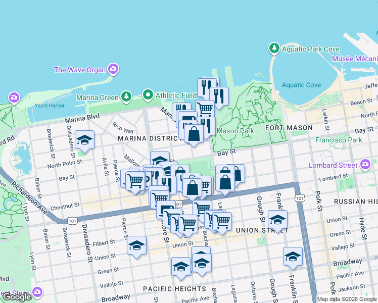 map of restaurants, bars, coffee shops, grocery stores, and more near 1600 Bay Street in San Francisco