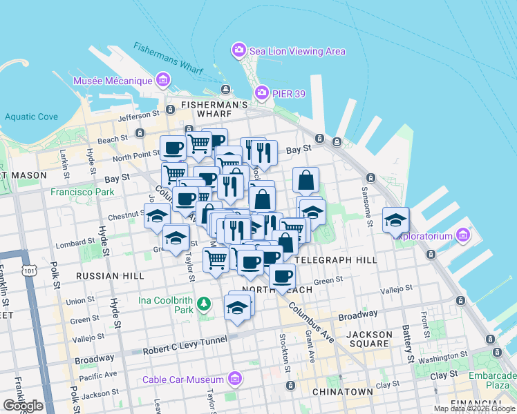 map of restaurants, bars, coffee shops, grocery stores, and more near 1921 Stockton Street in San Francisco