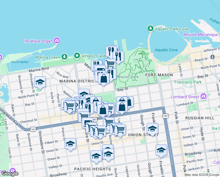 map of restaurants, bars, coffee shops, grocery stores, and more near 1600 Bay Street in San Francisco