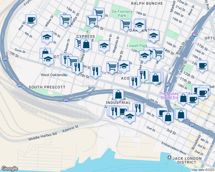 map of restaurants, bars, coffee shops, grocery stores, and more near 1155 7th Street in Oakland