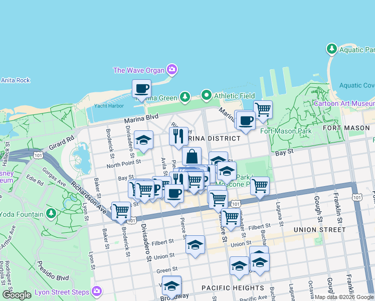 map of restaurants, bars, coffee shops, grocery stores, and more near 75 Cervantes Boulevard in San Francisco