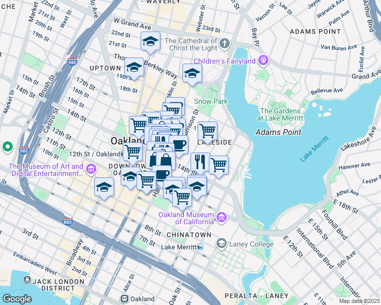 map of restaurants, bars, coffee shops, grocery stores, and more near 1461 Alice Street in Oakland