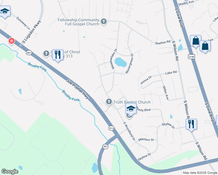map of restaurants, bars, coffee shops, grocery stores, and more near 4800 South Woodland Drive in Radcliff
