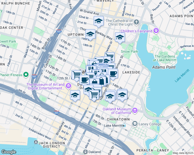 map of restaurants, bars, coffee shops, grocery stores, and more near 385 14th Street in Oakland
