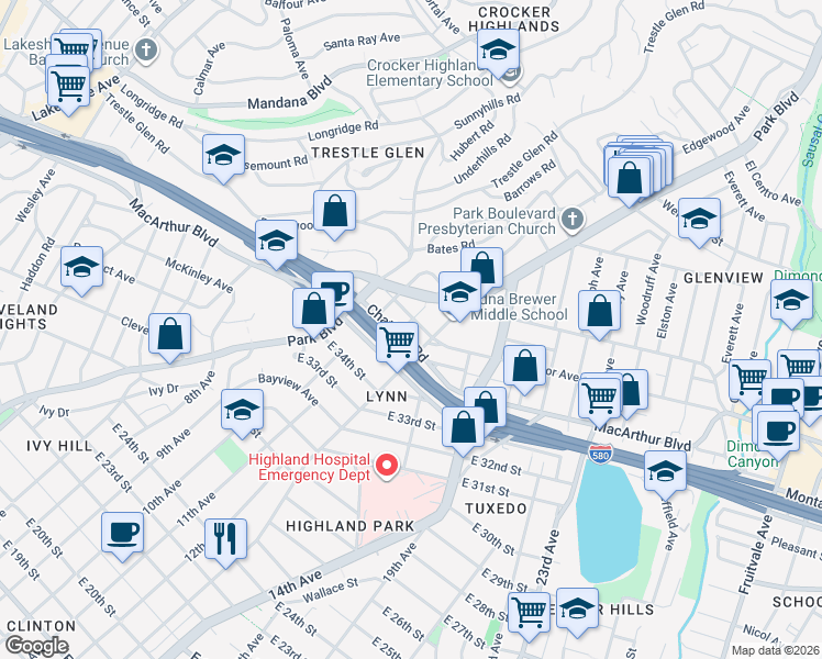 map of restaurants, bars, coffee shops, grocery stores, and more near 3622 Emerson Street in Oakland