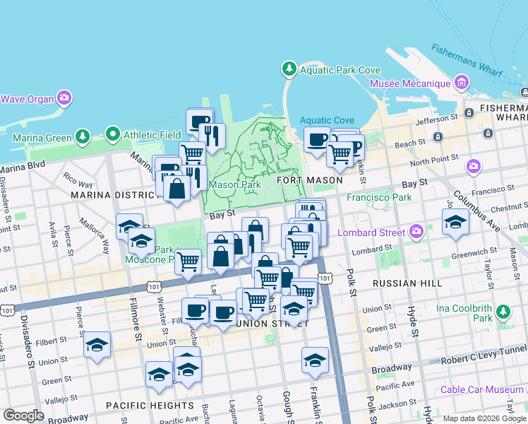 map of restaurants, bars, coffee shops, grocery stores, and more near 1275 Bay Street in San Francisco