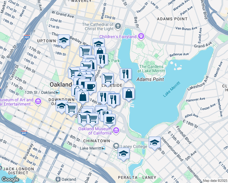 map of restaurants, bars, coffee shops, grocery stores, and more near 1551 Madison Street in Oakland