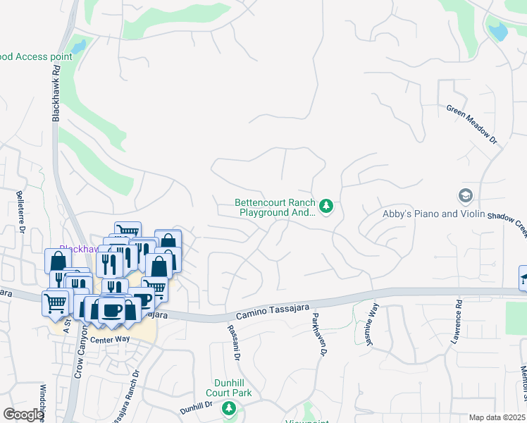 map of restaurants, bars, coffee shops, grocery stores, and more near 1107 Trowbridge Way in Danville