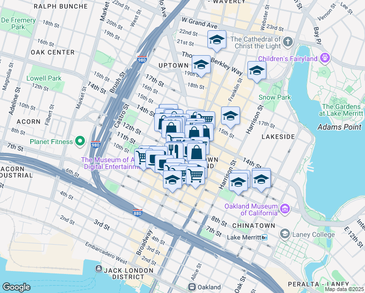 map of restaurants, bars, coffee shops, grocery stores, and more near 1221 Broadway in Oakland