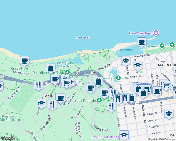 map of restaurants, bars, coffee shops, grocery stores, and more near Doyle Dr in San Francisco