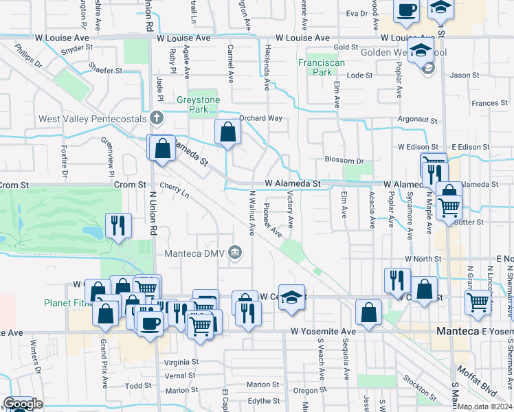 map of restaurants, bars, coffee shops, grocery stores, and more near 414 North Walnut Avenue in Manteca