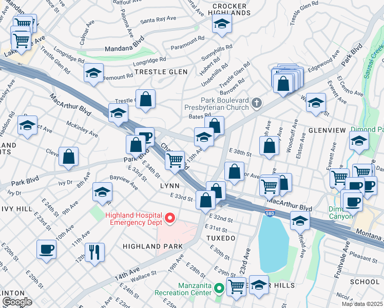 map of restaurants, bars, coffee shops, grocery stores, and more near in Oakland