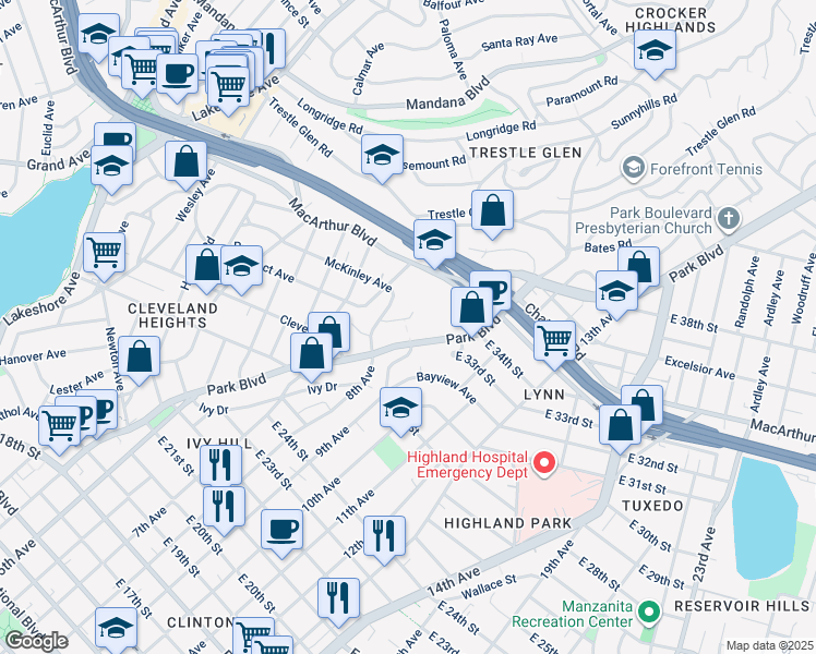 map of restaurants, bars, coffee shops, grocery stores, and more near 2982 Park Boulevard in Oakland