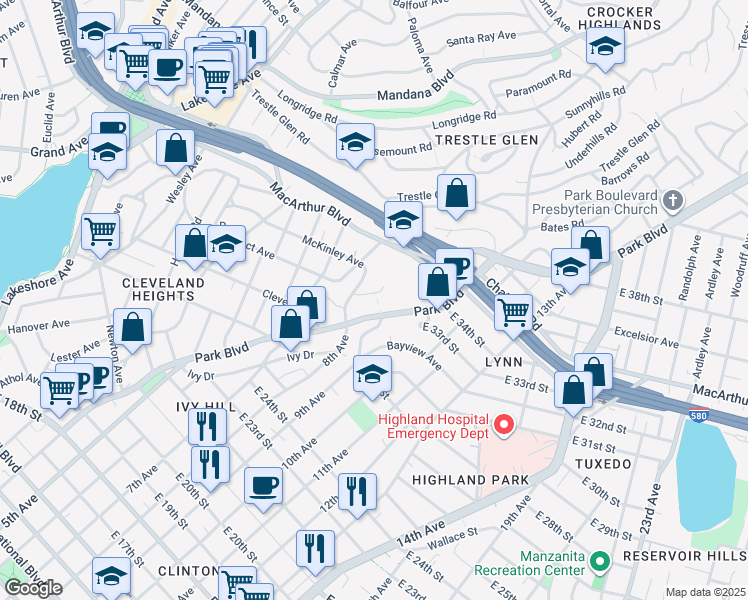 map of restaurants, bars, coffee shops, grocery stores, and more near 2982 Park Boulevard in Oakland
